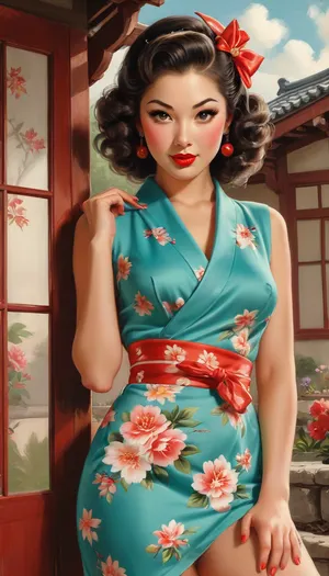 A pin-up style illustration of a sexy Japanese woman with a mid-20th century retro aesthetic. She is standing looking at the viewer, Full round ass, she is dressed in a Japanese kimono, full open lips, She has large expressive eyes, sott curly hair in a 1950s hairstyle, she has very large natural breasts with a realistic sag, a beautiful face, perfect hands, perfect fingers, hairy pussy, The background is a traditional Japanese house. The lighting is soft and flattering, highlighting the women's features without harsh shadows. Technical details, (for AI generator), lifelike, high detail, sharp focus, vibrant colors, warm lighting, soft glow, full-shot portrait, professional studio quality, . Illustration is rendered in traditional pin-up painting style, (like Gil Elvgren), with warm tones and gentle shading, style, of, Art, Frahm, <lora:tbh210-sdxl:1.5>