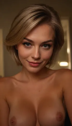 ziprealism, (avant-garde snapshot esthetic), (rockstar girlfriend, mischievous smirk, playful expression, sensual gaze, playful pose:1.6), (f/2.8, shallow depth of field, Dutch Angles, focus on eyes, perfect eyes:1.2), (creamy bokeh, subtle bokeh), (ash-blonde hair with dark highlights, thick voluminous hair, short haircut, swept-back hairstyle:1.4), (large expressive eyes, perfect eyes), (strong angular facial features, wide jaw, defined jawline, high chiseled cheekbones, bold eyeliner), (topless, strip tease, large soft teardrop breasts, pale nipples:1.4), (intimate bedroom scene), igbaddie, <lora:igbaddie-XL:.8>