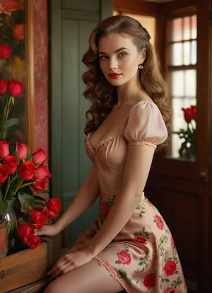 (masterpiece, best quality, ultra-detailed, photorealistic, HDR, full-body portrait, glamorous retro pin-up style lighting), female, 22 years old, vintage florist girl, Eastern European, extremely sexy yet elegant appearance, perfectly symmetrical facial features, flawless luminous fair skin with soft peach undertones, gently rounded jawline, petite chin, high delicate cheekbones with natural blush, small refined nose, very large bright green eyes with thick upward-curled black lashes, perfectly arched brows, full glossy heart-shaped lips painted in rich crimson red, subtle seductive smile showing a glimpse of perfect white teeth, (long thick wavy chestnut hair flowing freely down to her hips:1.2), body with ultra-slim waist, flat toned belly, (large full round natural breasts:1.2), wide feminine hips, long shapely legs in sheer nude stockings, wearing a tight vintage floral-print pencil skirt sitting high on the waist, form-fitting pastel pink silk blouse with short puffed sleeves and deep plunging neckline accentuating her cleavage, vintage flower-print apron tied neatly at the back, open-toe red high heels, small pearl earrings, holding an ornate pair of vintage gold floral scissors in one hand and a large bouquet of red roses in the other, standing in the doorway of a cozy 1950s-style flower shop, shop filled with roses, tulips, lilies in wooden crates, pastel-painted walls, warm golden sunlight streaming through the front window, vibrant colors, ultra-sharp focus, lifelike skin texture, perfect anatomy and body proportions, <lora:MJ52:1>, <lora:SDXLHighDetail_v6-000005:.8>, <lora:Microwaist_XL_v01:.8>