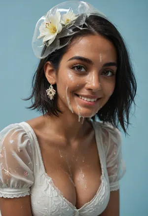 Indian woman, (sleek straight cut hair:1.2), (shoulder hair), (black hair), hooked nose, plucked eyebrows, dark complexion, smile, (transparent liquid, wet face:1.2), (cum on her face, bukakke:1.3), white summer dress, cleavage, blue background, short sleeves, puffer sleeves, flower print on dress, horse race hat