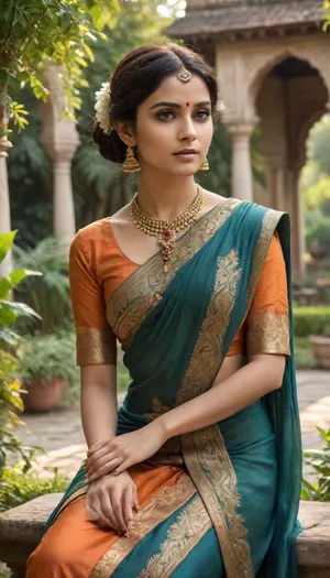 A beautiful illustration portrays a woman in traditional Indian attire, seated serenely in a garden setting, bathed in warm sunlight.

The scene is composed within a decorative archway or pavilion, with ornate pillars and a patterned facade creating a sense of depth and architectural grandeur. The woman is positioned centrally, her posture relaxed and elegant. The focus is clearly on her, with the garden background subtly blurred to emphasize her presence. The perspective is slightly elevated, drawing attention to her exquisite attire and posture. The viewer's eye is naturally drawn to the intricate details of her garments and jewelry.

The woman is the central figure, her features are delicate and expressive, her face conveying a calm and serene demeanor. Her gaze is directed towards the horizon, suggesting a peaceful contemplation or a wistful observation of the surroundings. She is dressed in a traditional Indian outfit, a rich blue sari with intricate patterns in orange and gold, with a matching blouse. The details of her jewellery, a mix of gold and pearl accents, are meticulously rendered, drawing attention to the artistry of the piece. The sari's rich folds and the intricate patterns are depicted with great precision, reflecting the craftsmanship of Indian textiles.


The illustration's artistic style is reminiscent of a classical oil painting, although executed digitally. The use of color is rich and saturated, evoking warmth and the feeling of a late afternoon sun. Soft, diffused lighting highlights her figure and the surrounding environment. The architectural elements are rendered with intricate detail, suggesting a sense of historical significance and cultural richness. The colors are blended and layered to create a sense of depth and dimensionality. The artist has achieved a balance between realism and stylized depiction, preserving the elegance of the clothing while ensuring a smooth and appealing representation of the female figure.


The setting is a garden with lush greenery and flowering plants, suggesting a serene and inviting atmosphere. The sunlight filters through the trees, creating a warm and inviting ambiance. The architecture is elegant and ornate, with the detailed carvings and decorative elements suggestive of a historical or royal garden. The warm glow of the sunlight casts soft shadows that add depth to the scene, giving the image a timeless quality. The overall mood is one of tranquility and beauty, reflecting the grace and elegance of the depicted subject., <lora:xl_more_art-full_v1:.8>, <lora:CinematicStyle_v1:.8>, detailxl, green, eyes, blue, brown, perfecteyes, <lora:PerfectEyesXL:.8>