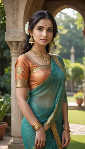 A beautiful illustration portrays a woman in traditional Indian attire, seated serenely in a garden setting, bathed in warm sunlight. detailed face, detailed jade green eyes, extremely beautiful, seductive smile, ahegao expression, very beautiful, ultrahd, photorealism, 8k, tall, fit and mascular body, hourglass figure, high contrast image, detailed shadows and reflections, The scene is composed within a decorative archway or pavilion, with ornate pillars and a patterned facade creating a sense of depth and architectural grandeur. The woman is positioned centrally, her posture relaxed and elegant. The focus is clearly on her, with the garden background subtly blurred to emphasize her presence. The perspective is slightly elevated, drawing attention to her exquisite attire and posture. The viewer's eye is naturally drawn to the intricate details of her garments and jewelry.

The woman is the central figure, her features are delicate and expressive, her face conveying a calm and serene demeanor. Her gaze is directed towards the horizon, suggesting a peaceful contemplation or a wistful observation of the surroundings. She is dressed in a traditional Indian outfit, a rich blue sari with intricate patterns in orange and gold, with a matching blouse. The details of her jewellery, a mix of gold and pearl accents, are meticulously rendered, drawing attention to the artistry of the piece. The sari's rich folds and the intricate patterns are depicted with great precision, reflecting the craftsmanship of Indian textiles.


The illustration's artistic style is reminiscent of a classical oil painting, although executed digitally. The use of color is rich and saturated, evoking warmth and the feeling of a late afternoon sun. Soft, diffused lighting highlights her figure and the surrounding environment. The architectural elements are rendered with intricate detail, suggesting a sense of historical significance and cultural richness. The colors are blended and layered to create a sense of depth and dimensionality. The artist has achieved a balance between realism and stylized depiction, preserving the elegance of the clothing while ensuring a smooth and appealing representation of the female figure.


The setting is a garden with lush greenery and flowering plants, suggesting a serene and inviting atmosphere. The sunlight filters through the trees, creating a warm and inviting ambiance. The architecture is elegant and ornate, with the detailed carvings and decorative elements suggestive of a historical or royal garden. The warm glow of the sunlight casts soft shadows that add depth to the scene, giving the image a timeless quality. The overall mood is one of tranquility and beauty, reflecting the grace and elegance of the depicted subject., <lora:xl_more_art-full_v1:.8>, <lora:CinematicStyle_v1:.8>, detailxl, green, eyes, blue, brown, perfecteyes, <lora:PerfectEyesXL:.8>