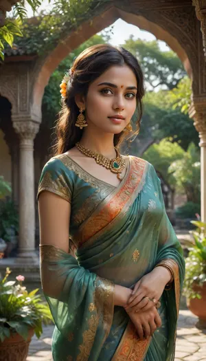 A beautiful illustration portrays a woman in traditional Indian attire, seated serenely in a garden setting, bathed in warm sunlight. detailed face, detailed jade green eyes, extremely beautiful, seductive smile, ahegao expression, very beautiful, ultrahd, photorealism, 8k, tall, fit and mascular body, hourglass figure, high contrast image, detailed shadows and reflections, The scene is composed within a decorative archway or pavilion, with ornate pillars and a patterned facade creating a sense of depth and architectural grandeur. The woman is positioned centrally, her posture relaxed and elegant. The focus is clearly on her, with the garden background subtly blurred to emphasize her presence. The perspective is slightly elevated, drawing attention to her exquisite attire and posture. The viewer's eye is naturally drawn to the intricate details of her garments and jewelry.

The woman is the central figure, her features are delicate and expressive, her face conveying a calm and serene demeanor. Her gaze is directed towards the horizon, suggesting a peaceful contemplation or a wistful observation of the surroundings. She is dressed in a traditional Indian outfit, a rich blue sari with intricate patterns in orange and gold, with a matching blouse. The details of her jewellery, a mix of gold and pearl accents, are meticulously rendered, drawing attention to the artistry of the piece. The sari's rich folds and the intricate patterns are depicted with great precision, reflecting the craftsmanship of Indian textiles.


The illustration's artistic style is reminiscent of a classical oil painting, although executed digitally. The use of color is rich and saturated, evoking warmth and the feeling of a late afternoon sun. Soft, diffused lighting highlights her figure and the surrounding environment. The architectural elements are rendered with intricate detail, suggesting a sense of historical significance and cultural richness. The colors are blended and layered to create a sense of depth and dimensionality. The artist has achieved a balance between realism and stylized depiction, preserving the elegance of the clothing while ensuring a smooth and appealing representation of the female figure.


The setting is a garden with lush greenery and flowering plants, suggesting a serene and inviting atmosphere. The sunlight filters through the trees, creating a warm and inviting ambiance. The architecture is elegant and ornate, with the detailed carvings and decorative elements suggestive of a historical or royal garden. The warm glow of the sunlight casts soft shadows that add depth to the scene, giving the image a timeless quality. The overall mood is one of tranquility and beauty, reflecting the grace and elegance of the depicted subject., <lora:xl_more_art-full_v1:.8>, <lora:CinematicStyle_v1:.8>, green, eyes, blue, brown, perfecteyes, <lora:PerfectEyesXL:.8>, <lora:detailed_notrigger:.8>