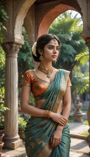 A beautiful illustration portrays a woman in traditional Indian attire, seated serenely in a garden setting, bathed in warm sunlight. detailed face, detailed jade green eyes, extremely beautiful, seductive smile, ahegao expression, very beautiful, ultrahd, photorealism, 8k, tall, fit and mascular body, hourglass figure, high contrast image, detailed shadows and reflections, The scene is composed within a decorative archway or pavilion, with ornate pillars and a patterned facade creating a sense of depth and architectural grandeur. The woman is positioned centrally, her posture relaxed and elegant. The focus is clearly on her, with the garden background subtly blurred to emphasize her presence. The perspective is slightly elevated, drawing attention to her exquisite attire and posture. The viewer's eye is naturally drawn to the intricate details of her garments and jewelry.

The woman is the central figure, her features are delicate and expressive, her face conveying a calm and serene demeanor. Her gaze is directed towards the horizon, suggesting a peaceful contemplation or a wistful observation of the surroundings. She is dressed in a traditional Indian outfit, a rich blue sari with intricate patterns in orange and gold, with a matching blouse. The details of her jewellery, a mix of gold and pearl accents, are meticulously rendered, drawing attention to the artistry of the piece. The sari's rich folds and the intricate patterns are depicted with great precision, reflecting the craftsmanship of Indian textiles.


The illustration's artistic style is reminiscent of a classical oil painting, although executed digitally. The use of color is rich and saturated, evoking warmth and the feeling of a late afternoon sun. Soft, diffused lighting highlights her figure and the surrounding environment. The architectural elements are rendered with intricate detail, suggesting a sense of historical significance and cultural richness. The colors are blended and layered to create a sense of depth and dimensionality. The artist has achieved a balance between realism and stylized depiction, preserving the elegance of the clothing while ensuring a smooth and appealing representation of the female figure.


The setting is a garden with lush greenery and flowering plants, suggesting a serene and inviting atmosphere. The sunlight filters through the trees, creating a warm and inviting ambiance. The architecture is elegant and ornate, with the detailed carvings and decorative elements suggestive of a historical or royal garden. The warm glow of the sunlight casts soft shadows that add depth to the scene, giving the image a timeless quality. The overall mood is one of tranquility and beauty, reflecting the grace and elegance of the depicted subject., <lora:xl_more_art-full_v1:.8>, <lora:CinematicStyle_v1:.8>, green, eyes, blue, brown, perfecteyes, <lora:PerfectEyesXL:.8>, <lora:detailed_notrigger:.8>