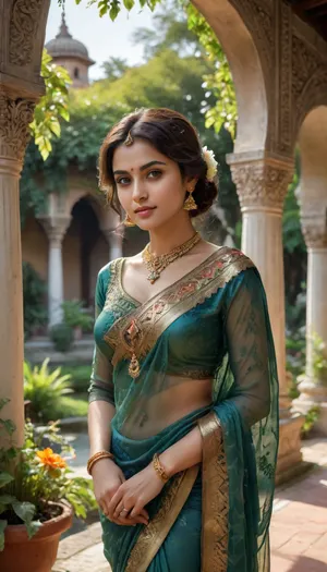 A beautiful illustration portrays a woman in traditional Indian attire, seated serenely in a garden setting, bathed in warm sunlight. detailed face, detailed jade green eyes, sexy eyes, sensual looks, very attractive, supermodel, extremely beautiful, seductive smile, ahegao expression, very beautiful, ultrahd, photorealism, 8k, tall, fit and mascular body, hourglass figure, high contrast image, detailed shadows and reflections, The scene is composed within a decorative archway or pavilion, with ornate pillars and a patterned facade creating a sense of depth and architectural grandeur. The woman is positioned centrally, her posture relaxed and elegant. The focus is clearly on her, with the garden background subtly blurred to emphasize her presence. The perspective is slightly elevated, drawing attention to her exquisite attire and posture. The viewer's eye is naturally drawn to the intricate details of her garments and jewelry.

The woman is the central figure, her features are delicate and expressive, her face conveying a calm and serene demeanor. Her gaze is directed towards the horizon, suggesting a peaceful contemplation or a wistful observation of the surroundings. She is dressed in a traditional Indian outfit, a rich blue sari with intricate patterns in orange and gold, with a matching blouse. The details of her jewellery, a mix of gold and pearl accents, are meticulously rendered, drawing attention to the artistry of the piece. The sari's rich folds and the intricate patterns are depicted with great precision, reflecting the craftsmanship of Indian textiles.


The illustration's artistic style is reminiscent of a classical oil painting, although executed digitally. The use of color is rich and saturated, evoking warmth and the feeling of a late afternoon sun. Soft, diffused lighting highlights her figure and the surrounding environment. The architectural elements are rendered with intricate detail, suggesting a sense of historical significance and cultural richness. The colors are blended and layered to create a sense of depth and dimensionality. The artist has achieved a balance between realism and stylized depiction, preserving the elegance of the clothing while ensuring a smooth and appealing representation of the female figure.


The setting is a garden with lush greenery and flowering plants, suggesting a serene and inviting atmosphere. The sunlight filters through the trees, creating a warm and inviting ambiance. The architecture is elegant and ornate, with the detailed carvings and decorative elements suggestive of a historical or royal garden. The warm glow of the sunlight casts soft shadows that add depth to the scene, giving the image a timeless quality. The overall mood is one of tranquility and beauty, reflecting the grace and elegance of the depicted subject., <lora:xl_more_art-full_v1:.8>, <lora:CinematicStyle_v1:.8>, green, eyes, blue, brown, perfecteyes, <lora:PerfectEyesXL:.8>, <lora:detailed_notrigger:.8>