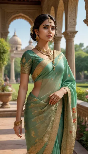 an Indian woman in traditional Indian attire, seated serenely in a garden setting, bathed in warm sunlight. detailed face, detailed sea green eyes, sexy eyes, sensual looks, very attractive, supermodel, extremely beautiful, seductive smile, ahegao expression, very beautiful, ultrahd, photorealism, 8k, tall, fit and mascular body, hourglass figure, high contrast image, detailed shadows and reflections, oily skin, makeup, The scene is composed within a decorative archway or pavilion, with ornate pillars and a patterned facade creating a sense of depth and architectural grandeur. The woman is positioned centrally, her posture relaxed and elegant. The focus is clearly on her, with the garden background subtly blurred to emphasize her presence. The perspective is slightly elevated, drawing attention to her exquisite attire and posture. The viewer's eye is naturally drawn to the intricate details of her garments and jewelry.

The woman is the central figure, her features are delicate and expressive, her face conveying a calm and serene demeanor. Her gaze is directed towards the horizon, suggesting a peaceful contemplation or a wistful observation of the surroundings. She is dressed in a traditional Indian outfit, a rich colourful sari with intricate patterns in orange and gold, with a matching blouse. The details of her jewellery, a mix of gold and pearl accents, are meticulously rendered, drawing attention to the artistry of the piece. The sari's rich folds and the intricate patterns are depicted with great precision, reflecting the craftsmanship of Indian textiles.


The illustration's artistic style is reminiscent of a classical oil painting, although executed digitally. The use of color is rich and saturated, evoking warmth and the feeling of a late afternoon sun. Soft, diffused lighting highlights her figure and the surrounding environment. The architectural elements are rendered with intricate detail, suggesting a sense of historical significance and cultural richness. The colors are blended and layered to create a sense of depth and dimensionality. The artist has achieved a balance between realism and stylized depiction, preserving the elegance of the clothing while ensuring a smooth and appealing representation of the female figure.


The setting is a garden with lush greenery and flowering plants, suggesting a serene and inviting atmosphere. The sunlight filters through the trees, creating a warm and inviting ambiance. The architecture is elegant and ornate, with the detailed carvings and decorative elements suggestive of a historical or royal garden. The warm glow of the sunlight casts soft shadows that add depth to the scene, giving the image a timeless quality. The overall mood is one of tranquility and beauty, reflecting the grace and elegance of the depicted subject., <lora:CinematicStyle_v1:.8>, green, eyes, blue, brown, perfecteyes, <lora:PerfectEyesXL:.8>, <lora:detailed_notrigger:.8>