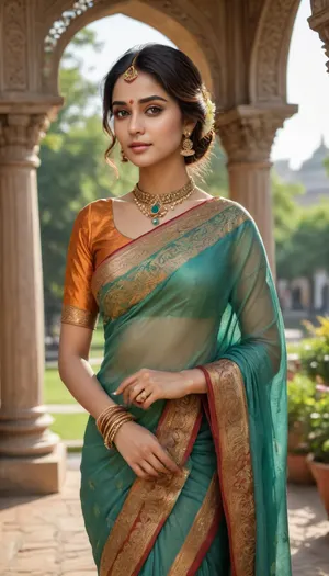 an Indian woman in traditional Indian attire, seated serenely in a garden setting, bathed in warm sunlight. detailed face, detailed sea green eyes, sexy eyes, sensual looks, very attractive, supermodel, extremely beautiful, seductive smile, ahegao expression, very beautiful, ultrahd, photorealism, 8k, tall, fit and mascular body, hourglass figure, high contrast image, detailed shadows and reflections, oily skin, makeup,  The scene is composed within a decorative archway or pavilion, with ornate pillars and a patterned facade creating a sense of depth and architectural grandeur. The woman is positioned centrally, her posture relaxed and elegant. The focus is clearly on her, with the garden background subtly blurred to emphasize her presence. The perspective is slightly elevated, drawing attention to her exquisite attire and posture. The viewer's eye is naturally drawn to the intricate details of her garments and jewelry.

The woman is the central figure, her features are delicate and expressive, her face conveying a calm and serene demeanor. Her gaze is directed towards the horizon, suggesting a peaceful contemplation or a wistful observation of the surroundings. She is dressed in a traditional Indian outfit, a rich colourful sari with intricate patterns in orange and gold, with a matching blouse. The details of her jewellery, a mix of gold and pearl accents, are meticulously rendered, drawing attention to the artistry of the piece. The sari's rich folds and the intricate patterns are depicted with great precision, reflecting the craftsmanship of Indian textiles.


The illustration's artistic style is reminiscent of a classical oil painting, although executed digitally. The use of color is rich and saturated, evoking warmth and the feeling of a late afternoon sun. Soft, diffused lighting highlights her figure and the surrounding environment. The architectural elements are rendered with intricate detail, suggesting a sense of historical significance and cultural richness. The colors are blended and layered to create a sense of depth and dimensionality. The artist has achieved a balance between realism and stylized depiction, preserving the elegance of the clothing while ensuring a smooth and appealing representation of the female figure.


The setting is a garden with lush greenery and flowering plants, suggesting a serene and inviting atmosphere. The sunlight filters through the trees, creating a warm and inviting ambiance. The architecture is elegant and ornate, with the detailed carvings and decorative elements suggestive of a historical or royal garden. The warm glow of the sunlight casts soft shadows that add depth to the scene, giving the image a timeless quality. The overall mood is one of tranquility and beauty, reflecting the grace and elegance of the depicted subject., <lora:CinematicStyle_v1:.8>, green, eyes, blue, brown, perfecteyes, <lora:PerfectEyesXL:.8>, <lora:detailed_notrigger:.8>