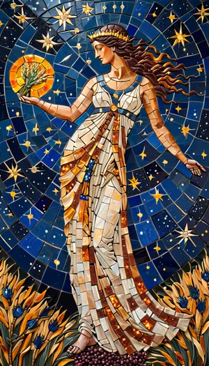 Byzantine-style Goddess Demeter as Virgo constellation, mosaic crafted from tesserae, smalti glass stars, (Spica, blue, Auva, orange), gold leaf constellation lines, lapis lazuli voids, Goddess holding golden wheat sheaf in left hand, standing in a wheat field, pomegranate seeds spilling as dwarf galaxies, Ravenna basilica meets NASA astrophotography, cracked plaster texture, cosmos, artmsc, mosaic, pixelated, <lora:ArtfullyMOSAIC_SDXL_V1:.8>