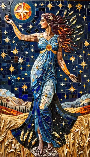 Byzantine-style Goddess Demeter as Virgo constellation, mosaic crafted from tesserae, smalti glass stars, (Spica, blue, Auva, orange), gold leaf constellation lines, lapis lazuli voids, Goddess holding golden wheat sheaf in left hand, standing in a wheat field, pomegranate seeds spilling as dwarf galaxies, Ravenna basilica meets NASA astrophotography, cracked plaster texture, cosmos, artmsc, mosaic, pixelated, <lora:ArtfullyMOSAIC_SDXL_V1:.8>