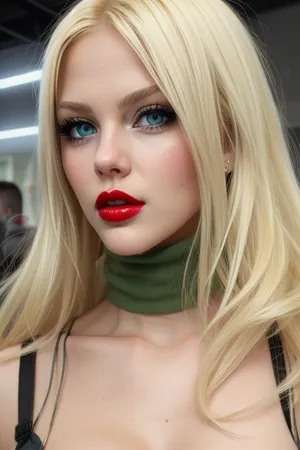 young slender blonde bitch, pretty, charming, hot, green eyes, red puffy lips, scornful sneer