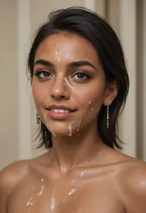 Indian woman, (sleek straight cut hair:1.2), (shoulder hair), (black hair), hooked nose, plucked eyebrows, dark complexion, smile, (cum on her face, bukakke:1.3)