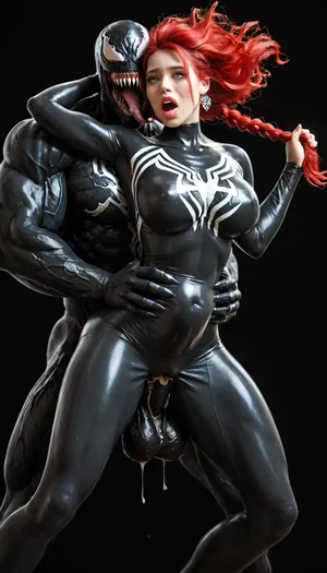 German woman, a very very very long thick braid, red hair, full lips, thick lips, huge chest circumference, dark olive skin, tight micro super hero outfit metallic high-necked long-sleeved high-rise bodysuit, black background, gets held in the air by Venom, full clothing, anal, huge black veiny Venom cock, cock all the way in her ass, belly bulge, ahegao, full body view