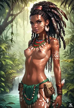 A 25-year-old tribal woman, her body slim and feminine, Small breast, breast exposed, standing in a lush prehistoric jungle. She has long dark dreadlocks with feathers and beads, wearing clothing made entirely from natural materials like woven fibers, animal hide, and leaves, adorned with tribal patterns. Her expression is wise yet determined, with a calm and protective demeanor. She carries a primitive bow and a small pouch at her waist. Her skin is sun-kissed, The background shows towering trees, mist. The lighting is warm and golden, giving a cinematic, slightly poetic atmosphere. Highly detailed, realistic, concept art style, 8k resolution.