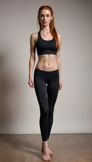 Full body view of a Very skinny smooth skin 30 year old irish ginger woman with very long hair, ponytail, long eyelashes, lots of makeup and lipstick wearing a black bra and black athletic leggings