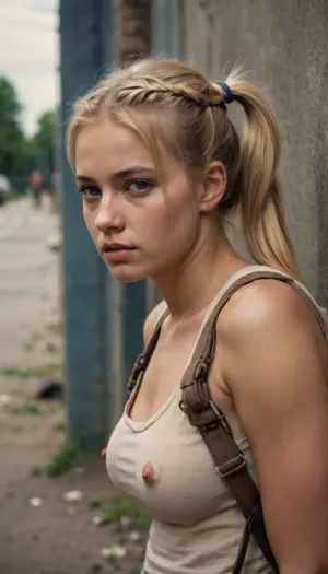 dirty homeless woman beautiful blonde 18 years old with ponytails woman, lewddungeon, background walls, breastclamp, <lora:breastclamp_SDXL_reg0_03s:.5>
