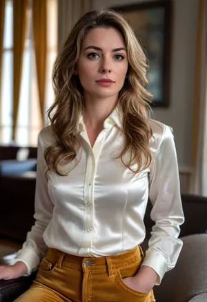 1 swiss 35yo woman, criminal police officer, film charakter Annette Brotz, (she wears a white satin shirt blouse and mustard velvet jeans:1.4), sits indoors in a hotel room, (longer dyed dark blonde wavy hair:1.2), grey eyes, pointed nose and chin, necklace with police ID, medium natural tits, <lora:681678_training_data:.5>, <lora:SDXLHighDetail_v6-000005:.5>, <lora:style_lora_realis:.5>