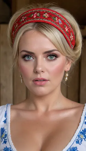 (4K UHD ultra-detailed RAW photo), high detailed, 8k, (photorealistic:1.7), 45 yo peasant scared woman in hayloft, ((milf:1.4)), (wearing Ukrainian national headband, Embroidery), ((voluminous blonde updo bangs haircut)), (nude), ((full body view)), ((makeup:1.5)), plump, skindentation, chubby, bbw, venus, body, big, breasts, ass, <lora:Chubby BBW - XL:.5>
