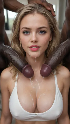 "Black Cock Only" shirt, detailed finger, detailed anatomy, detailed face, beautiful face, ash blonde hair beauty next to muscular African men, extremely beautiful, long thick eyelashes, eyeliner, mascara, plumb lips, light brown lipstick, open mouth, mouth filled with cum, cum dripping down lips, close up, octane render, stunning beauty, HD, 4k, soft light, masterpiece, soft shadow, expressive eyes, cheekbones, lean body, super waist, long legs, thigh gap, tight body, thick hips, face, pinup pose, collar, crop top with "Black Cock Only" text, cleavage, grabbing massive balls, black cock on face, big black cock, large black cock, cum dripping from thick black cocks onto her breasts, hyper girth, grabbing her head, black cocks extending down to cleavage, oiled cocks, thickest black cocks, +20, fit, natural breast, evil grin, bukkake, cum, text, "your, here", <lora:MS_Real_XL_Bukkake:1.9>, <lora:chest_adjust:.4>, <lora:text:1.9>