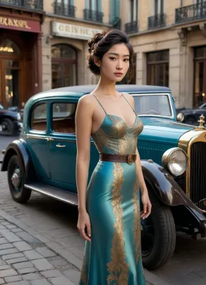 A captivating portrait, styled in the Art Nouveau tradition, of a young woman of Asian descent, approximately 25 years old, standing confidently next to a gleaming, brass-accented steam-powered automobile. She is positioned slightly three-quarters to the viewer, her body angled subtly towards the car, exuding an air of sophisticated elegance. Her pose is relaxed yet poised, one hand resting lightly on the car's polished hood, the other held gracefully at her waist. She wears a flowing, teal silk gown, cinched at the waist with a dark brown leather belt, adorned with intricate gold embroidery. Her dark hair is styled in a sophisticated updo, framing a delicately sculpted face. Her expression is one of quiet confidence and subtle amusement, a hint of a smile playing on her lips. The car, a majestic creation of polished brass, dark wood, and gleaming copper pipes, dominates the right side of the composition. It's set against a backdrop of a sun-drenched Parisian street, cobblestones reflecting the warm light. The overall palette is rich and warm, dominated by deep teals, rich browns, and shimmering metallics, accented by the warm hues of the sunlight. The lighting is natural, diffused sunlight, casting soft shadows that accentuate the textures of the gown and the car. The image is captured from a slightly low angle, emphasizing the car's grandeur and the woman's elegant stature. The texture of the scene is a blend of smooth silk, polished metal, and rough cobblestones, creating a dynamic interplay of tactile elements. The mood is one of romantic optimism, a celebration of both feminine beauty and technological marvel. The overall style blends the Art Nouveau aesthetic with a touch of Steampunk influence. The camera utilizes a medium-wide shot., (Jean, Giraud), page, lineart, <lora:Moebius (Jean Giraud) Style:1>, <lora:outline_xl_kohaku_delta_spv5x:1.1>, <lora:lineartSDXL:.8>