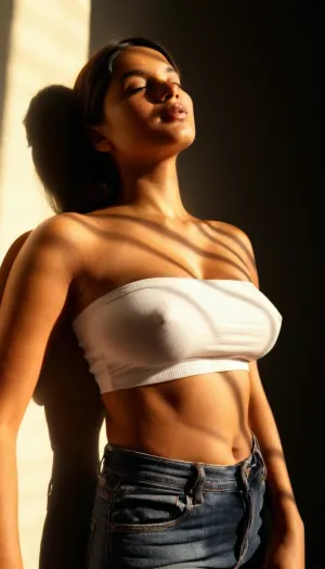 low angle, side view, (Sexy thick lips:1), lips in frame, (traditional south indian girl), 18 yo. youthful tween, ultra realistic, realistic skin detail, soft smooth skin, brown skin, closeup, up close and personal, (head is out of frame:1), light and shadow, face obscured by shadow, dimly lit room, dark almost black background behind her, grainy and somewhat low res standard definition video quality, ((Chiaroscuro)), maximum cleavage, xxl sagging long full boobs, huge boobs, wearing a white tube top, thin strapless long crop top, high waisted jeans fully on and buttoned, slight belly, ((fully dressed:1.2)), sunlight_str1, Liana, roy, A, teenager, girl, braless, Wearing, clothes, that, make, sense, with, Braless>, <lora:sunlight_str1-SDXL_v1-dim64-steps1691:.4>, <lora:pytorch_lora_weights:.2>, <lora:a teenager girl:.6>, <lora:bralessSDXL_v1_00022:.8>, <lora:clothed_small:1.1>