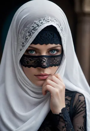 Dark Fantasy Art of, a woman in a white burka covering her face burka style, blue eyes, massive breasts, detailed relief breasts, dark, moody, dark fantasy style, burka, black lace bra, perfect figure, style, full view