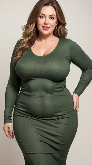 Lubica stepaunt, Ultra detailed photorealistic portrait photo a mature bbw woman, saggy, fat round face, double chin, 60 years old Woman, big eyes, (light brown hair with highlights), round face, full lips, lipstick, (wavy hair), seductive smile, open mouth smile, big lips, pretty teeth, looking at viewer, (solid blank background:1.3), OverallDetail, braless, Wearing, green, tight, v-neck sleeveless maxidress, <lora:bralessSD15_v1_00094:.8>