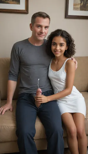 ((change face's girl)), front view, ((1 very beautiful young girl wearing a white very short sundress sitting on a sofa side by side with fully clothed old male man in long trousers and shirt)), medium dark tight high pony tail, questioning smile, tanned, narrow waist, small breasts, highly detailed, CN, Girl6, clothes, stiff nipples, (little nip slip:1.2), one nipple exposed, man has his penis out, handjob, ejaculation.