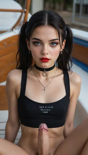 (((Two 21 year old girl on a yacht))), skinny face, hair style long, hair color raven black, pigtails, (Facial Expression cute), (thin neck), seductive look slutty, (black choker necklace), (goth make-up), (red lipstick), (futa-penis), flat chested