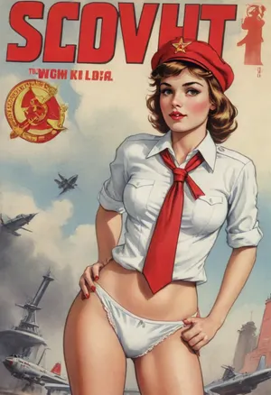 (single drawn girl:1.3), (illustration:1.3), (hand drawn:1.3), (comic book cover:1.3), (TITLE text, "Soviet":1.3), (Soviet pioneer girl:1.2), Soviet pioneer girl 18yo, in a red pioneer tie, white blouse and panties, red pilot cap on her head, sexy random pose, <lora:iltromba_artwork_style_smm_SDXL_LORA_v07:.5>, <lora:text:1.1>