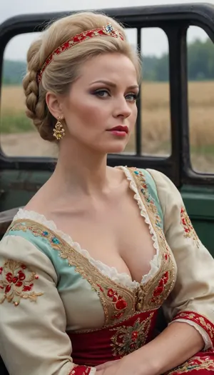 (4K UHD ultra-detailed RAW photo), high detailed, 8k, (photorealistic:1.7), close up, face focus, curvy women 50 yo, in Wasterland, sitting on a bench in the back of a truck, (scared attitude:1.1), (wearing Russian summer national costume, Embroidery), ((completely clothing)), blonde updo haircut, ((makeup:1.2)), 1/2 length view, (4K, high resolution, best quality), fnvlegionslave, Wasteland, clothes