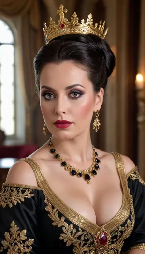 (4K UHD ultra-detailed RAW photo), high detailed, 8k, (photorealistic:1.7), 45 yo scared lady in palace, ((milf:1.4)), (wearing ancient rich dress with golden, Embroidery and crown), ((voluminous black updo bangs haircut)), ((makeup:1.5)), plump, skindentation, chubby, bbw, venus, body, big, breasts, ass, <lora:Chubby BBW - XL:.5>, <lora:add-detail-xl:.5>, <lora:580159_training_data:.5>