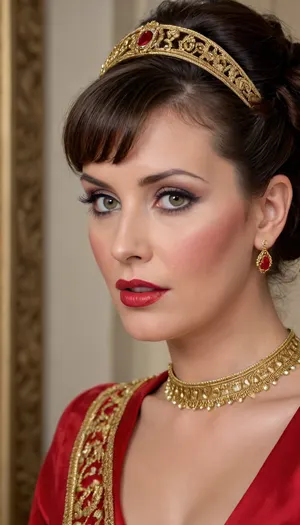 (4K UHD ultra-detailed RAW photo), high detailed, 8k, (photorealistic:1.7), 45 yo scared woman in Roman palace, ((milf:1.4)), ((in elegant red Roman tunic with gold embroidery)), ((gold and ruby ​​​​jewelry)), ((headband)), ((voluminous black updo bangs haircut)), ((makeup:1.5)), plump, skindentation, chubby, bbw, venus, body, big, breasts, ass, <lora:Chubby BBW - XL:.5>