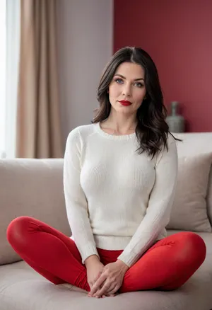 (4K UHD ultra-detailed RAW photo), high detailed, 8k, (photorealistic:1.7), raw photo, 1/2 body view, soviet mature woman, ((completely clothing)), ((in white knitted sweater and red yoga pants)), (curvy body), ((black long haircut)), 40 years old, perfect face, ((sad:1.3)), blue eyes, makeup, red lipstick, sitting on sofa, <lora:580159_training_data:.5>