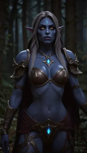 World of Warcraft, Sylvanas, medium tits, beuty girl, very cute, orgasm, detailed face, forest, torn clothes, night elf girl, darkblue skin girl