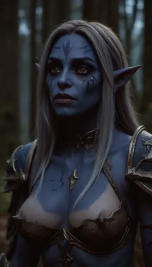 World of Warcraft, Sylvanas, medium tits, beuty girl, very cute, orgasm, detailed face, forest, torn clothes, night elf girl, darkblue skin girl