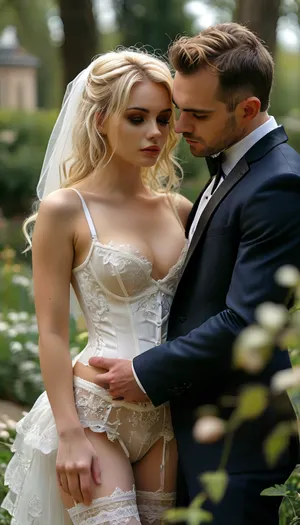 photorealistic, master quality, a man in tuxedo suit, and a woman, blonde, wearing white corset with embroidery, lace panties with embroidery, white veil skirt, white stockings, lace garter belt with embroidery, hairy pussy blue eyeshadow, pulling down panties, in public garden, legs spread, leaning forward, man fucking her, Doggystyle, penetration in pussy, show nipples, taking off panties, taking off lace bra with embroidery, taking off corset, gang bang, cumming, blowjob, cum on face, back view anal penetration, raw, <lora:MJ52:2>, <lora:style_lora_realis:2>, <lora:SDXLHighDetail_v6-000005:2>