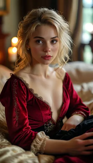 Sexy nice pretty beautiful thin woman, 25 year old, blond, perfect finger, sexy countess, in english manor, lying on bed, perfect proportion, hairy pussy, show pussy, show nipples, candlesticks, elegant velvet dress, nice shirt, fingering, stockings, raw, <lora:MJ52:2>, <lora:style_lora_realis:2>, <lora:SDXLHighDetail_v6-000005:2>