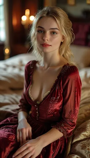 Sexy nice pretty beautiful thin woman, 25 year old, blond, perfect finger, sexy countess, in english manor, lying on bed, perfect proportion, hairy pussy, show pussy, show nipples, candlesticks, elegant velvet dress, nice shirt, fingering, stockings, raw, <lora:MJ52:2>, <lora:style_lora_realis:2>, <lora:SDXLHighDetail_v6-000005:2>