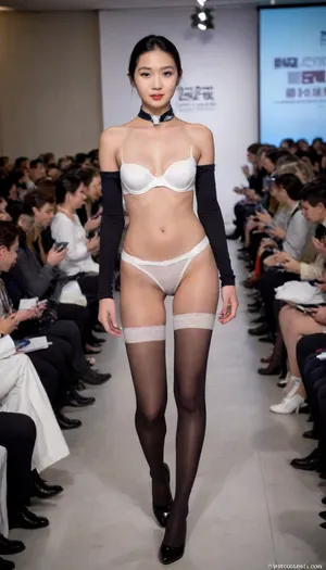 (fashion week, runway fashion show:1.3), (1girl, asian, slender, almost naked with only white sexy underwear:1.4), (CHINESE stewardess, chinese face:1.2), black short hair, Stewartess hair style, wrist watch, (white sexy underpanties:1.2), long legs, (black low heel round-toe shoes, sexy black stockings:1.2), stewardess scarf, attendant, stewardess, steward, allstockinggirl, h41ry, WeirdOutfit, style, <lora:alitfina100Ep:.6>, <lora:h41ry:.9>, <lora:504406_training_data:1.7>, <lora:sdxl-WeirdOutfit-Dreambooh:.4>