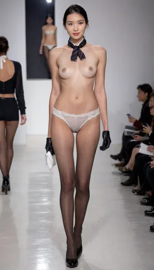 (fashion week, runway fashion show:1.3), (1girl, asian, slender, almost naked with only white sexy underwear:1.4), (CHINESE stewardess, chinese face:1.2), black short hair, Stewartess hair style, wrist watch, (white sexy underpanties:1.2), long legs, (black low heel round-toe shoes, sexy black stockings:1.2), stewardess scarf, attendant, stewardess, steward, allstockinggirl, h41ry, WeirdOutfit, style, <lora:alitfina100Ep:.6>, <lora:h41ry:.9>, <lora:504406_training_data:1.7>, <lora:sdxl-WeirdOutfit-Dreambooh:.4>