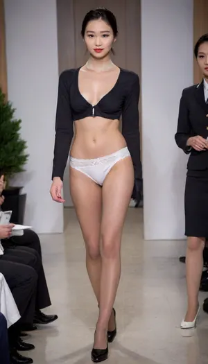 (fashion week, runway fashion show:1.3), (1girl, asian, slender, almost naked with only white sexy underwear:1.4), (CHINESE stewardess, chinese face:1.2), black short hair, Stewartess hair style, wrist watch, (white sexy underpanties:1.2), long legs, (black low heel round-toe shoes, sexy black stockings:1.2), stewardess scarf, attendant, stewardess, steward, allstockinggirl, h41ry, WeirdOutfit, style, <lora:alitfina100Ep:.6>, <lora:h41ry:.9>, <lora:504406_training_data:1.7>, <lora:sdxl-WeirdOutfit-Dreambooh:.4>