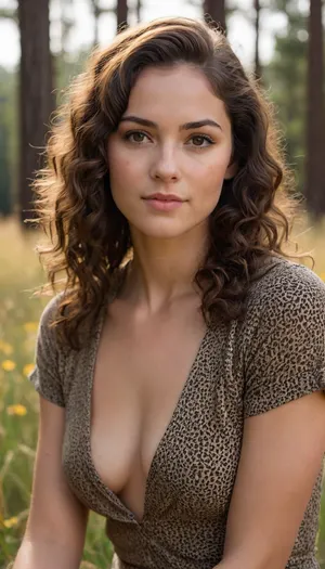 A young woman, about 28 years, with long, naturally curly dark brown hair, parted slightly to the side. She has an oval face, warm skin tone, high cheekbones, and big almond-shaped brown eyes. Her eyebrows are dark, naturally thick and gently arched. sexy, cute, freckles
photorealistic, natural light, cozy, sitting gracefully in a sunlit meadow filled with yellow wildflowers and tall grass. She is wearing a stylish, short-sleeved leopard print jumpsuit with a V-neckline, which fits her form elegantly. Her naturally curly dark brown hair is parted in the middle and falls behind her shoulders. The scene is bathed in warm natural light, creating a dreamy, golden-hour effect. Soft sunlight filters through the trees in the background, casting a gentle glow on her face. The woman gazes confidently and serenely into the camera, exuding calmness and poise. Tall pine trees and a bright sky complete the peaceful, nature-filled setting. The overall atmosphere is warm, natural, and fashion-forward.