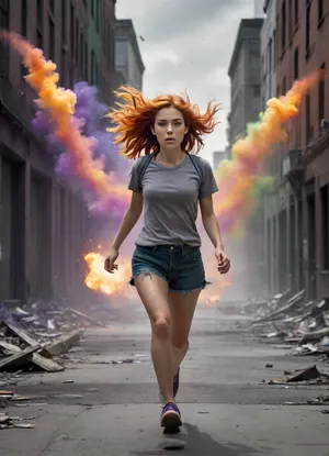 A young woman runs through a grayscale dystopian city, and with every step she takes, explosions of vibrant color burst around her. Her feet ignite red and orange waves, her arms leave trails of blue and green, and her hair sprays sparks of violet and gold into the air. The gray buildings around her begin to crack and crumble under the pressure of returning color. The atmosphere is electric, chaotic, and emotional — as if the entire world is breaking open to reveal suppressed feelings. Slashes of rainbow color slice through the black-and-white background. Cinematic, powerful, and symbolic.