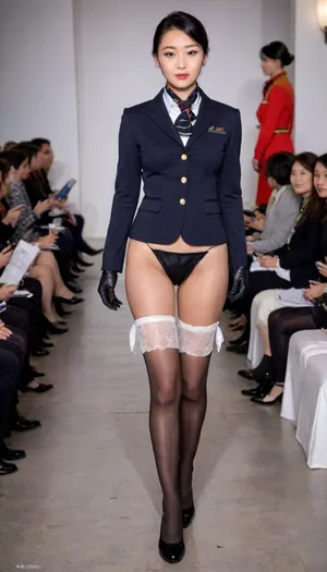 (fashion week, runway fashion show:1.3), (1girl, asian, slender), (CHINESE stewardess, chinese face:1.2), black short hair, Stewartess hair style, wrist watch, (white sexy underpanties:1.2), long legs, (black low heel round-toe shoes, sexy black stockings:1.2), stewardess scarf, attendant, stewardess, steward, allstockinggirl, h41ry, WeirdOutfit, style, hinaigirl, xunge, <lora:alitfina100Ep:.5>, <lora:h41ry:.9>, <lora:sdxl-WeirdOutfit-Dreambooh:1.1>, <lora:MaybeBetterFaceInFullBodyLora_XL_rev3:1.4>, <lora:xunge_XL_0_:.8>