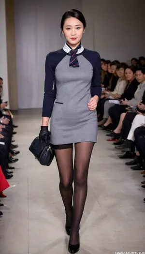 (fashion week, runway fashion show:1.3), (1girl, asian, slender), (CHINESE stewardess, chinese face:1.2), black short hair, Stewartess hair style, wrist watch, (white sexy underpanties:1.2), long legs, (black low heel round-toe shoes, sexy black stockings:1.2), stewardess scarf, attendant, stewardess, steward, allstockinggirl, h41ry, WeirdOutfit, style, hinaigirl, xunge, <lora:alitfina100Ep:.5>, <lora:h41ry:.9>, <lora:sdxl-WeirdOutfit-Dreambooh:1.1>, <lora:MaybeBetterFaceInFullBodyLora_XL_rev3:1.4>, <lora:xunge_XL_0_:1.4>