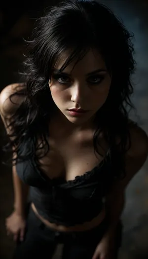 petite student, (Dynamic angle:1.5), (View from above:1.5), Sex, Erotica, ripped revealing clothes, goth, Small tits, full body view, 35 years old, very long black curvy hair, perfect face, dark brown eyes, cute, closeup, petite body, smokey eyes, full body photo, beautiful face, fluxenh4nce, <lora:MJ52:.3>, <lora:FLUXEnh4nce:.8>, <lora:dark:.4>