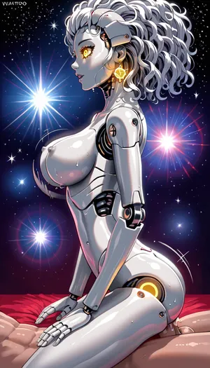 Source_anime, 80's anime style, Masterpiece, side view, cowgirl sex, bouncing on dick, ultra-detailed nude female android, steel skin, mechanisms joints, leg servos exposed, Arabesque pose on cosmic stage, Gigantic red star on background, Volumetric backlight from star, rim glow highlighting, nebula reflections on enamel, ratatatat74, robot_skin, android_skin, Robot, Skin, Android, <lora:outline_xl_kohaku_delta_spv5x:.8>, <lora:ratatatat74-000050:.8>, <lora:NEOTOKIOXL_0.2_RC:.8>, <lora:robot_skin_XL_1.0.6:.8>