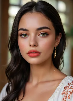 (masterpiece, best quality, ultra-detailed, photorealistic, HDR, extreme close-up upper body portrait from head to waist, face centered in the frame, direct eye contact with viewer, every feature in the sharpest focus, cinematic natural beauty lighting), female, 18 years old, Sofia, Spanish, with extremely attractive youthful Mediterranean appearance, distinct heart-shaped face with high forehead and soft pointed chin, flawless warm olive skin with golden undertone and subtle glow, sculpted high cheekbones with peachy blush and luminous highlights, refined slim nose with light dorsal curve, striking light green almond-shaped eyes with long outward lift, vibrant golden limbal rings, (fox eyes), moist glossy waterline, ultra-long thick upward-curled black lashes, bold straight black brows with slight arch, full wide lips with a natural defined shape, (ultra-glossy, plump and symmetrical lips:1.5), lips painted in vibrant coral red gloss, soft smile showing a hint of white teeth, eyelids with golden bronze shimmer, bold winged eyeliner and soft terracotta smoky blend, every lash and brow hair rendered with precision, soft natural hairs along the hairline, elegant neck and collarbones softly illuminated, (ultra-long, thick, jet-black straight hair flowing past shoulders, parted in the center and framing the face:1.2), visible upper torso wearing a silky off-shoulder white blouse with gold embroidery, subtle folds and fabric texture clearly rendered, soft natural fall of fabric below bustline, elegant gold earrings and delicate fine chain necklace resting near collarbone, softly blurred neutral background with warm Mediterranean ambiance, five distinct non-fused fingers on each hand if visible, <lora:MJ52:1>, <lora:SDXLHighDetail_v6-000005:.8>, <lora:Microwaist_XL_v01:.8>