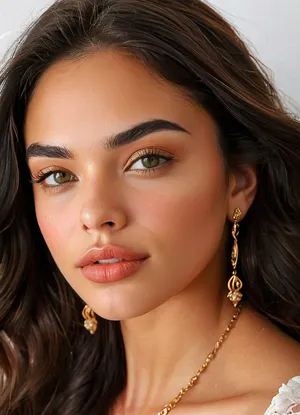 (masterpiece, best quality, ultra-detailed, photorealistic, HDR, extreme close-up portrait, face centered in the frame, direct eye contact with viewer, every feature in the sharpest focus, cinematic natural beauty lighting), female, 18 years old, Sofia, Spanish, with extremely attractive youthful Mediterranean appearance, distinct heart-shaped face with high forehead and soft pointed chin, flawless warm olive skin with golden undertone and subtle glow, sculpted high cheekbones with peachy blush and luminous highlights, refined slim nose with light dorsal curve, striking light green almond-shaped eyes with long outward lift, vibrant golden limbal rings, (fox eyes), moist glossy waterline, ultra-long thick upward-curled black lashes, bold straight black brows with slight arch, full wide lips with a natural defined shape, (ultra-glossy, plump and symmetrical lips:1.5), lips painted in vibrant coral red gloss, soft smile showing a hint of white teeth, eyelids with golden bronze shimmer, bold winged eyeliner and soft terracotta smoky blend, every lash and brow hair rendered with precision, fine natural hairs near the hairline, (ultra-long, thick, jet-black straight hair flowing past the waist, parted in the center and framing the face:1.2), expression radiates classic Southern elegance and confident charm, wearing a silky off-shoulder white blouse with gold embroidery, elegant gold earrings and delicate chain necklace, neutral blurred background with warm Mediterranean lighting, every detail of facial structure and styling sharply defined, five distinct non-fused fingers on each hand if visible, <lora:MJ52:1>, <lora:SDXLHighDetail_v6-000005:.8>, <lora:Microwaist_XL_v01:.8>