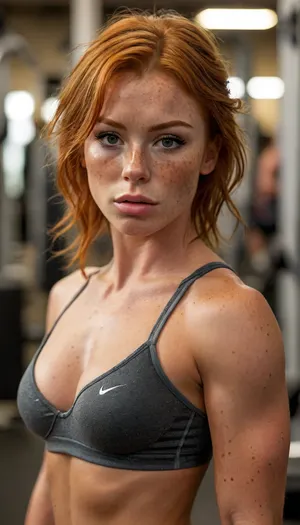 ziprealism, (inspirational athletic poster, Nike poster, inspirational action shot:1.2), (impressively athletic woman in a gym, body builder, fit body, muscular shoulders, muscular thighs, defined abs:1.6), (fierce expression, inspirational atmosphere of determination), (f/2.8, shallow depth of field, creamy bokeh, flattering full body shot, medium full shot, layered composition with subtle foreground, focus on abs:1.4), (vibrant ginger hair, freckles, short hair, swept-back hairstyle:1.2), (catchlights, sharp contrasting limbal rings, large expressive eyes, stunning eyes, perfect eyes, slightly downturned eyes), (full lips, soft lips, moist lips), (tanned oily skin, tan lines, large teardrop breasts, pale breasts, natural skin texture), igbaddie, <lora:MJ52:.6>, <lora:igbaddie-XL:.4>